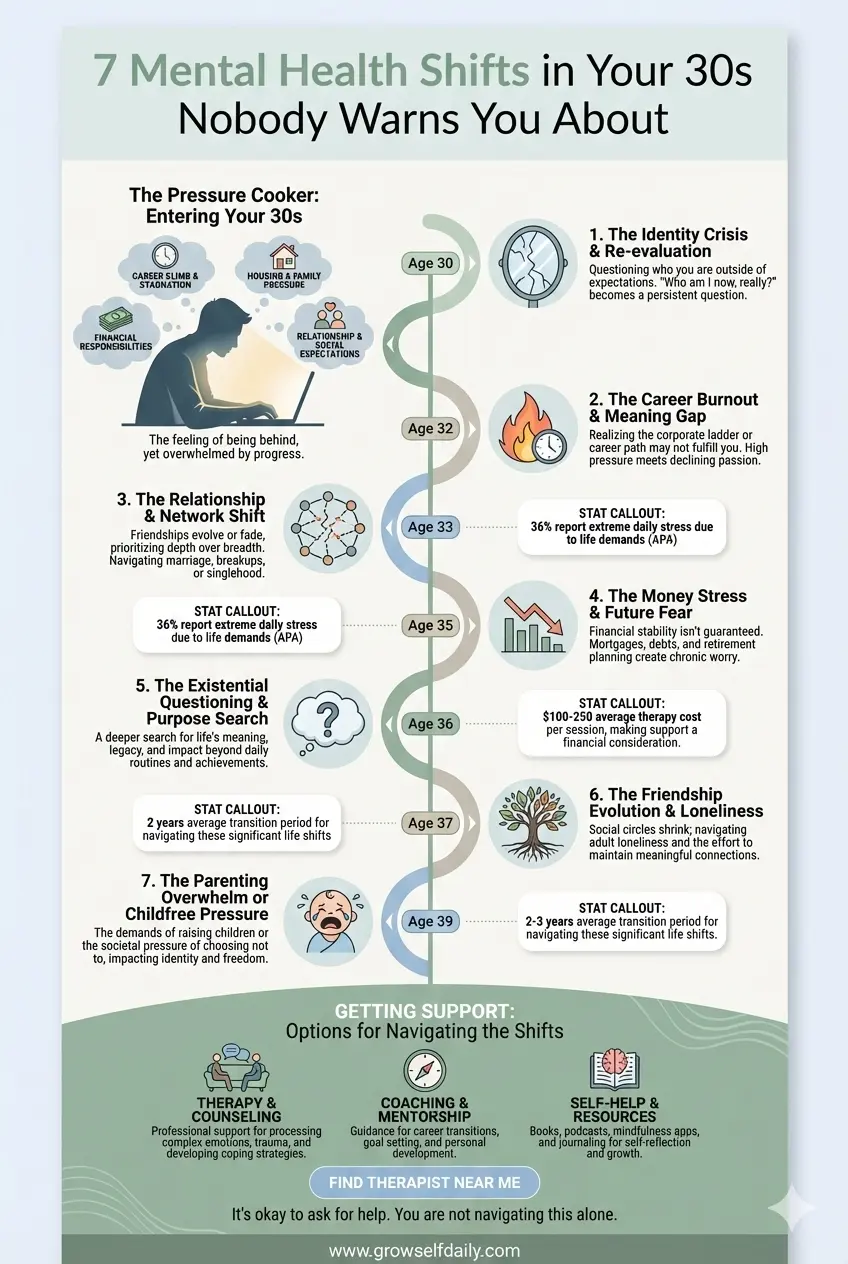 Infographic showing mental health in your 30s challenges unique to your 30s including identity shifts career burnout and relationship stress with coping strategies