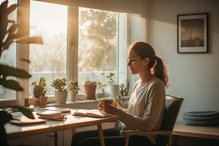 Entrepreneur demonstrating morning routine of successful entrepreneurs with coffee, journal, and peaceful workspace