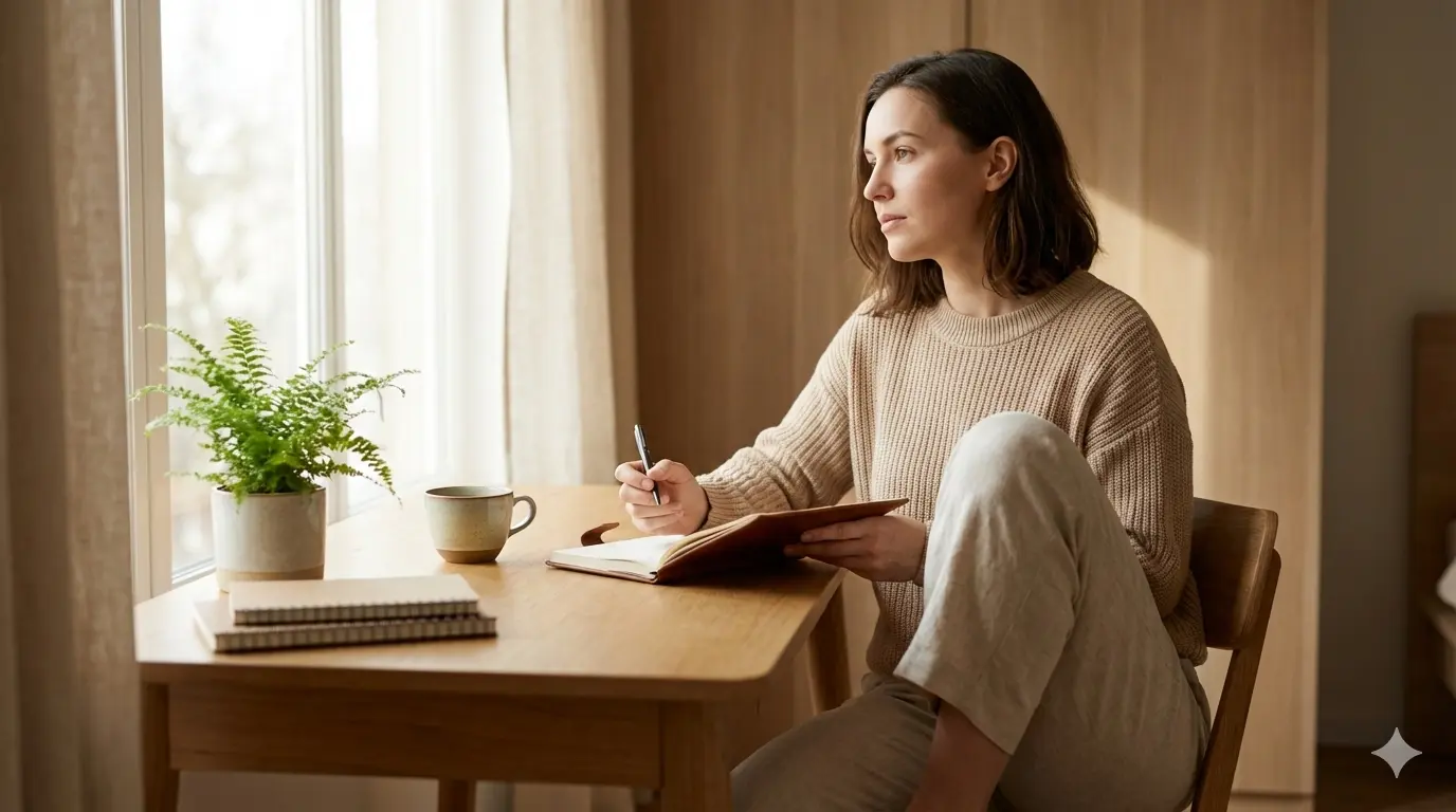Woman practicing self-validation techniques through journaling and mindfulness exercises to build inner confidence