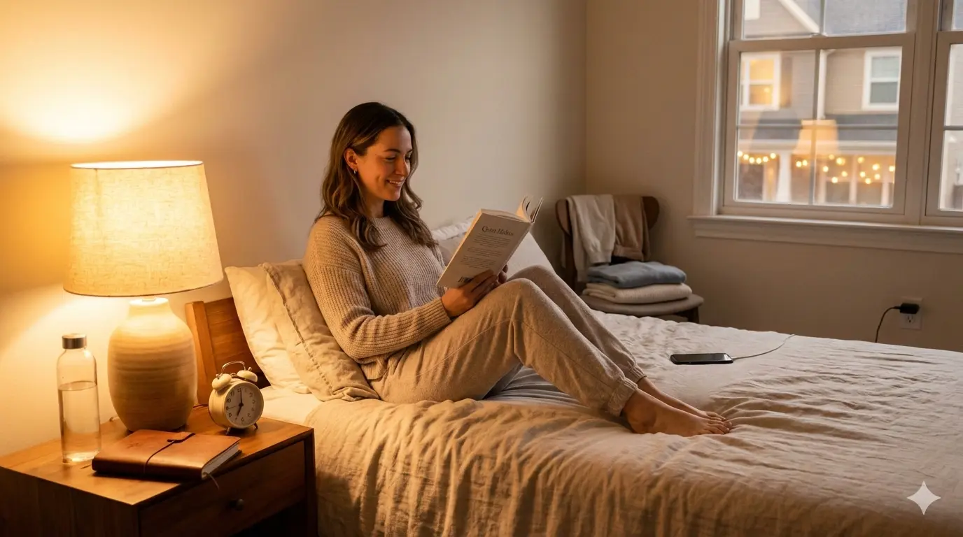 Person with strict bedtime routines peacefully preparing for 9 PM sleep showing productivity habits that baffle night owls