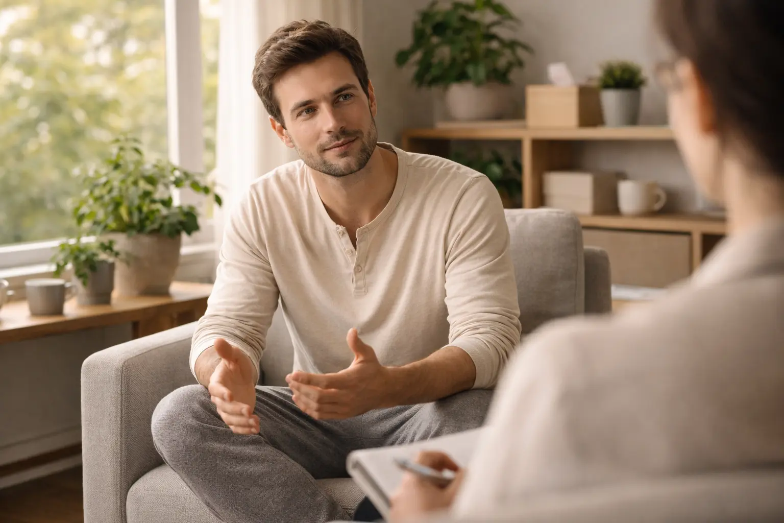 Person showing when to seek mental health help after 30 in comfortable therapy session