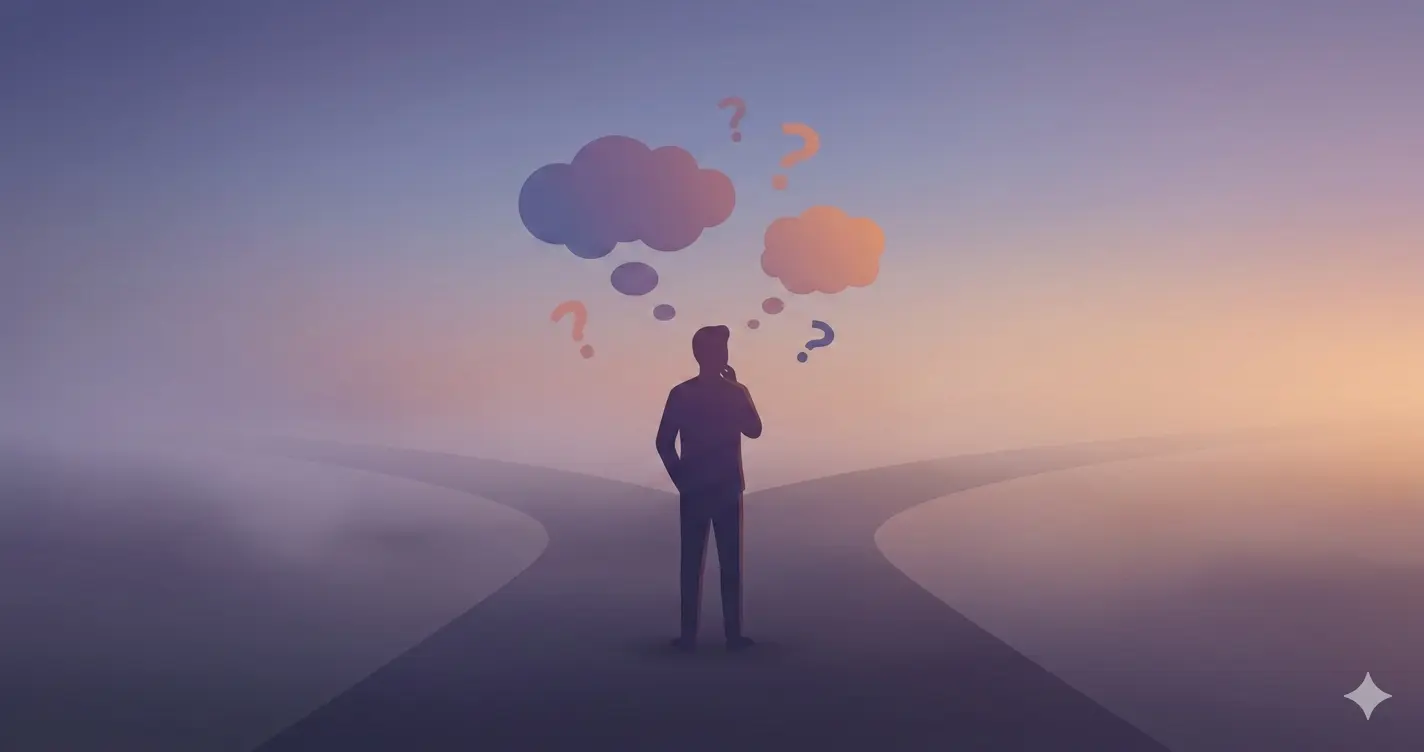 : Person feeling stuck in life standing at crossroads contemplating multiple paths