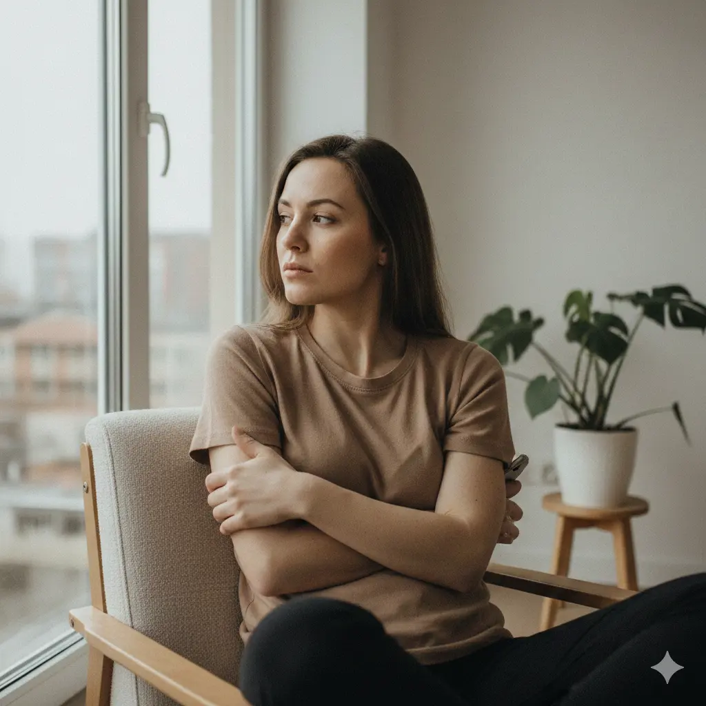 Person showing why people pull away emotionally through contemplative withdrawn body language
