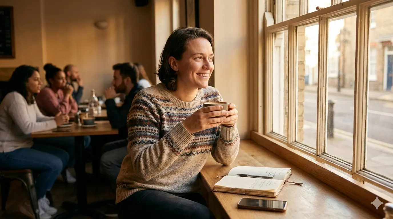 Person confidently doing things alone at café showing the powerful outcomes of intentional solitude