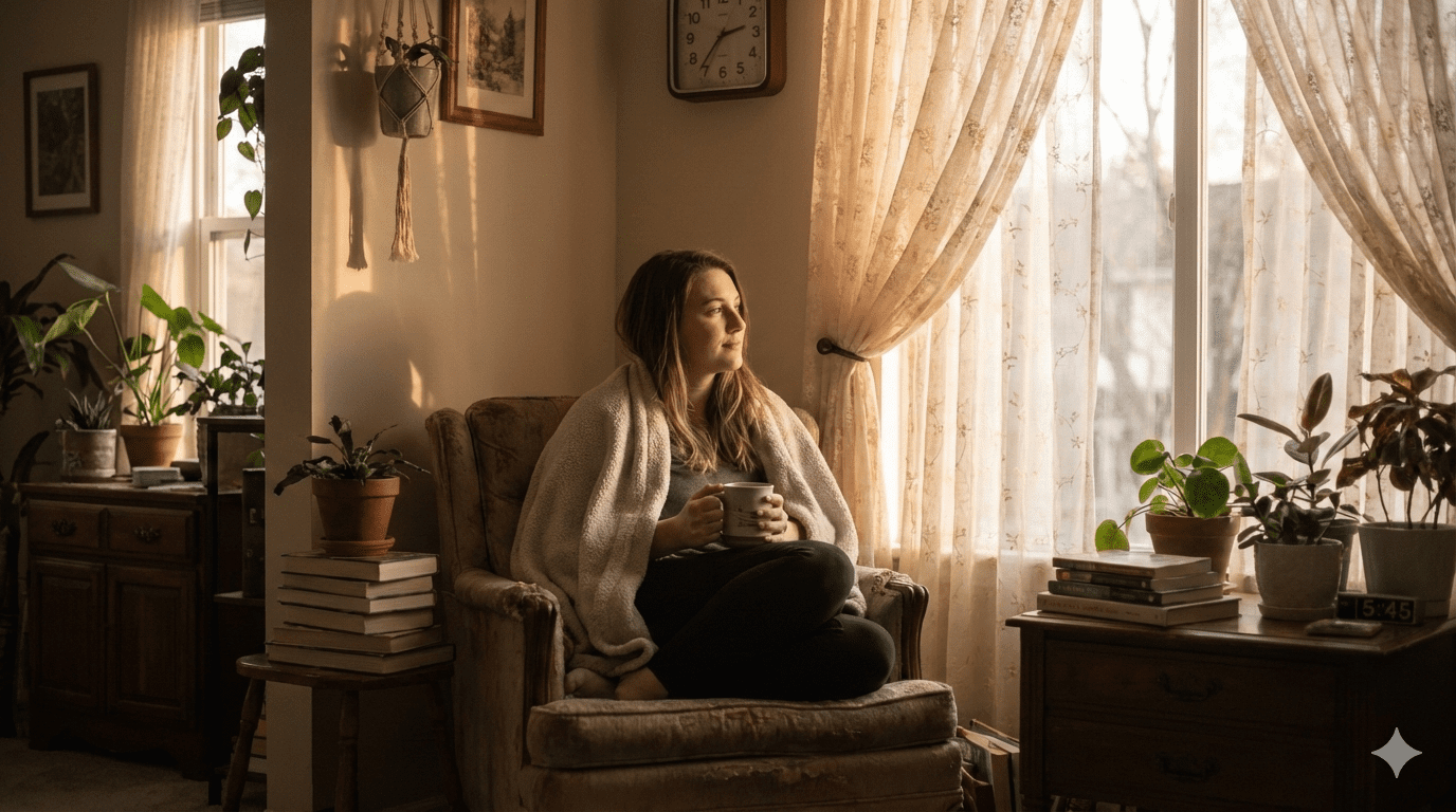 Woman looking thoughtfully out window showing what it means if someone stays on your mind after months and years with reflective contemplative expression