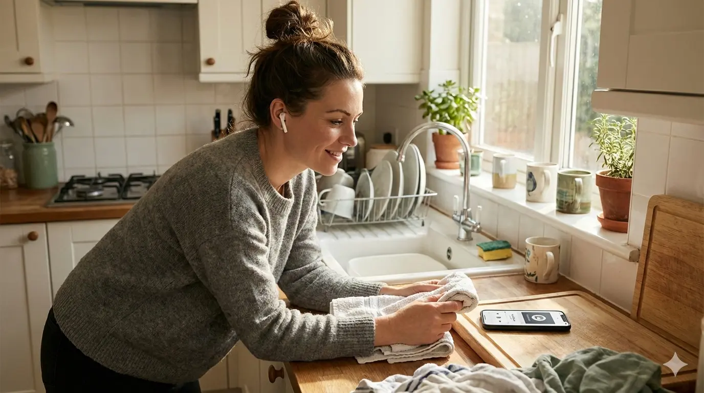 woman listening to podcasts while doing chores demonstrating relational skills development through multitasking and showing its possible people who listen to podcasts while doing chores