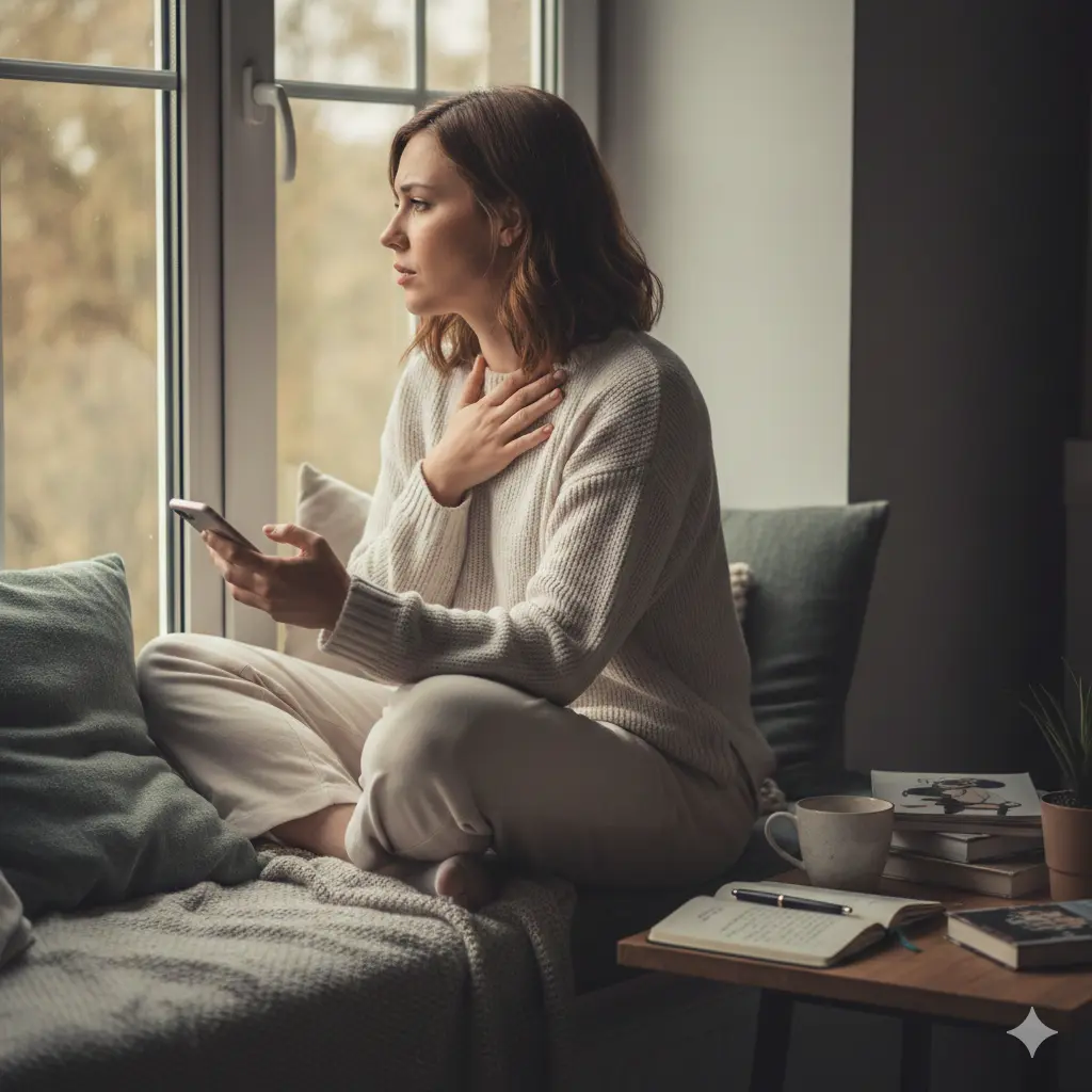 Woman reflecting on emotional attachment vs love sitting by window showing signs of emotional attachment and inner conflict in relationships