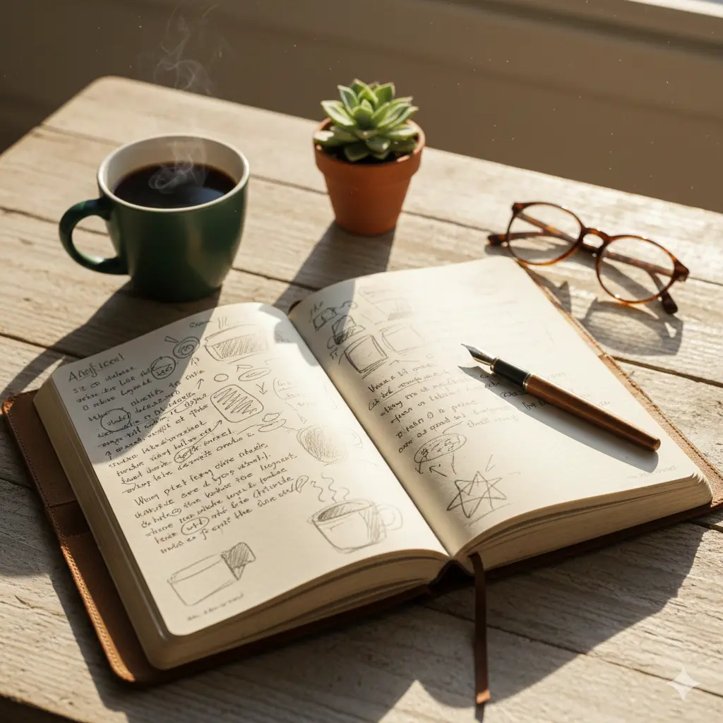 Journaling insights with irregular entries demonstrating creative thinking insights and reflection without daily pressure