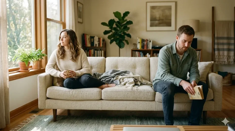 Couple sitting apart in a living room with physical distance between them representing the question of how long does an average relationship break last